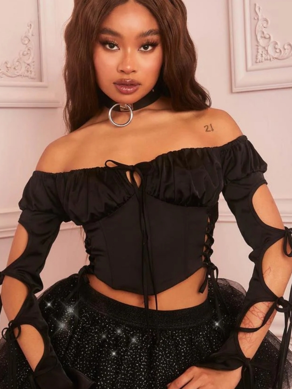 Sugar Thrillz Black Off-Shoulder Lace-Up Crop Top